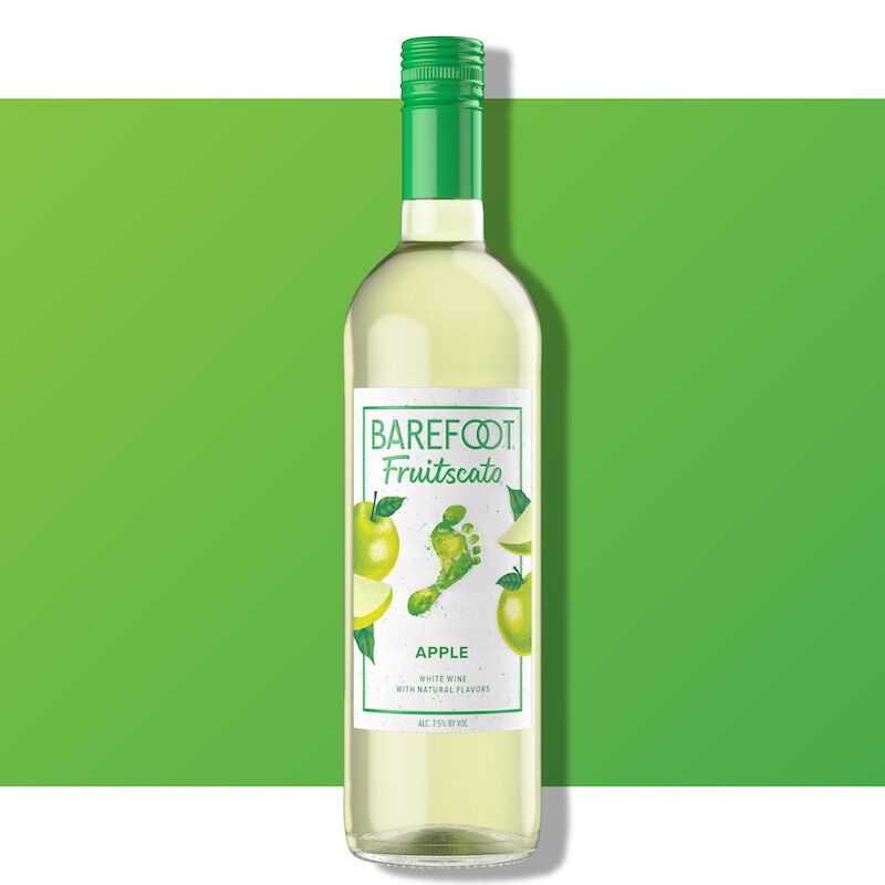 Barefoot Fruitscato Apple bottle against a bright green background with green apple imagery on the label.