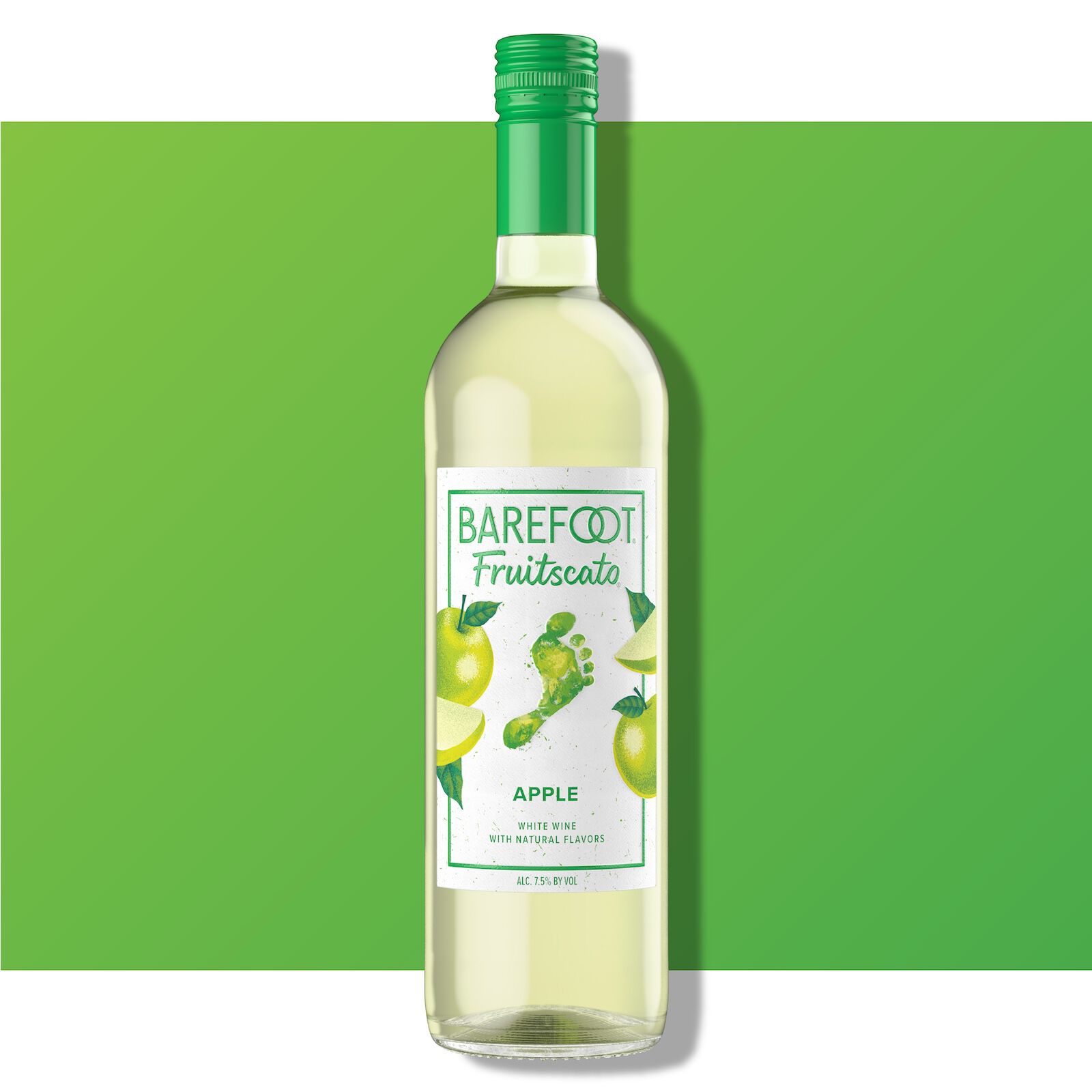 Barefoot Fruitscato Apple bottle against a bright green background with green apple imagery on the label.