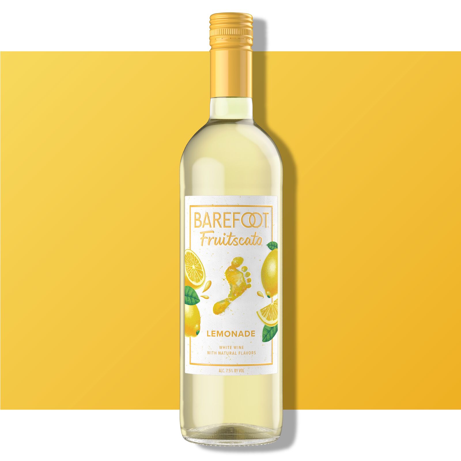 Barefoot Fruitscato Lemonade bottle against a bright yellow background with lemon imagery on the label