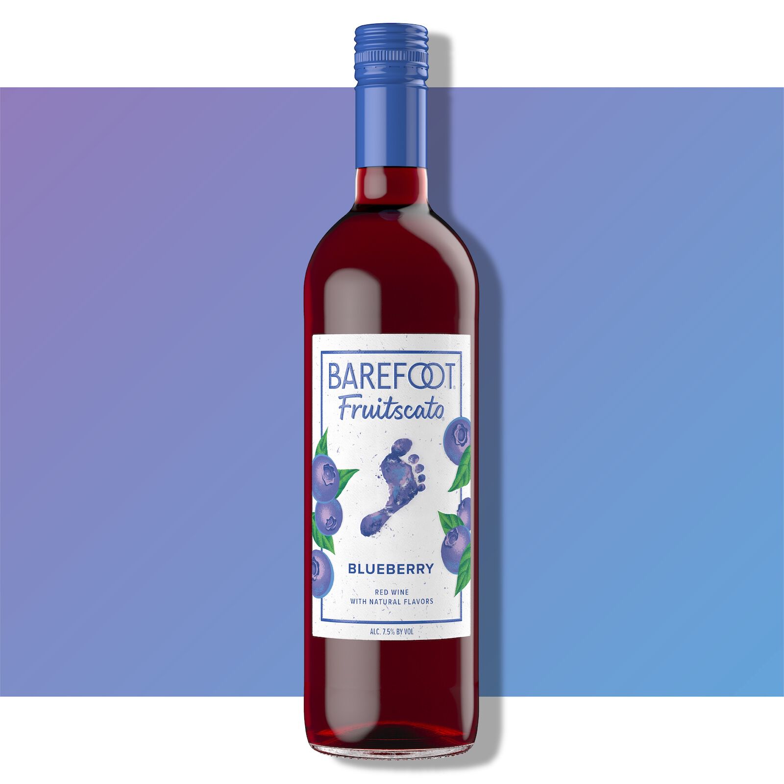 Barefoot Fruitscato Blueberry bottle against a blue and purple gradient background with blueberry imagery on the label