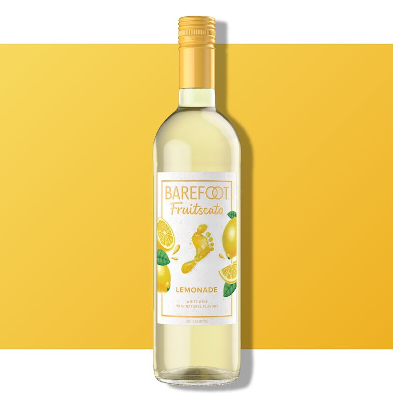 Barefoot Fruitscato Lemonade bottle against a bright yellow background with lemon imagery on the label