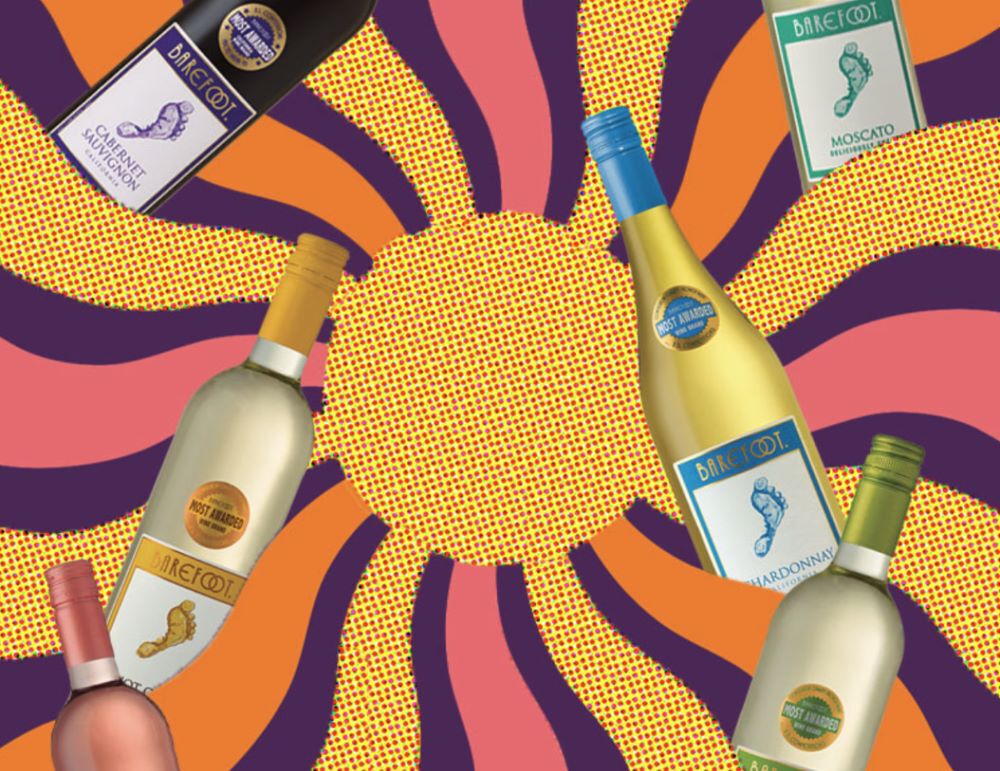 Barefoot Wine Bottles and a spiral graphic design