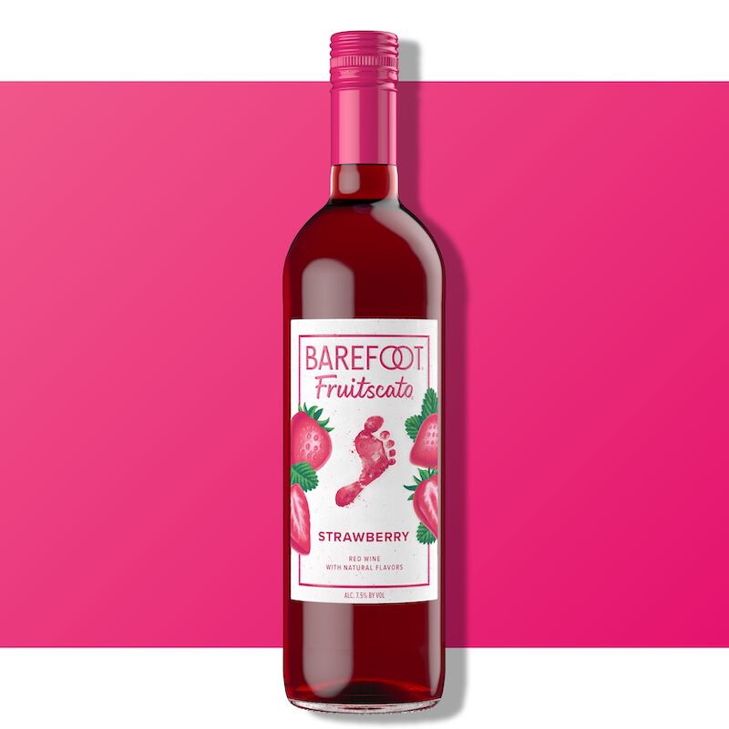 Barefoot Fruitscato Blueberry bottle against a blue and purple gradient background with blueberry imagery on the label