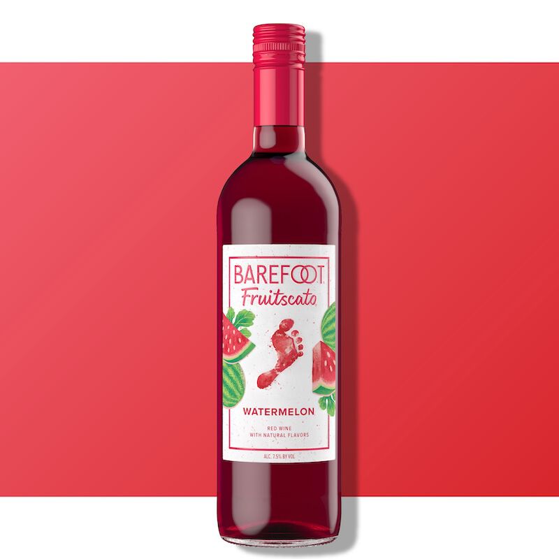 Barefoot Fruitscato Watermelon bottle against a bright red background with watermelon imagery on the label