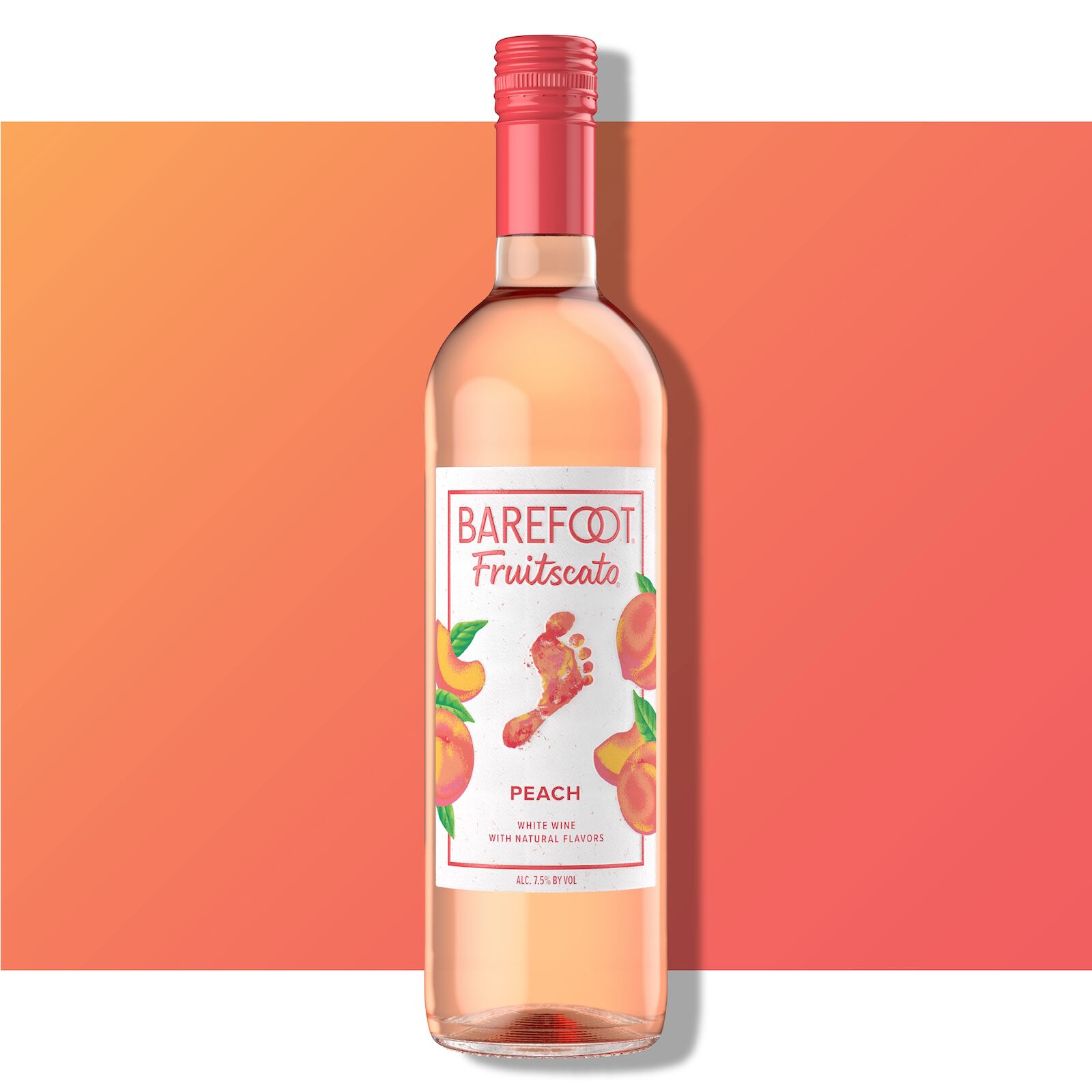 Barefoot Fruitscato Peach bottle against a peach and coral gradient background with peach imagery on the label