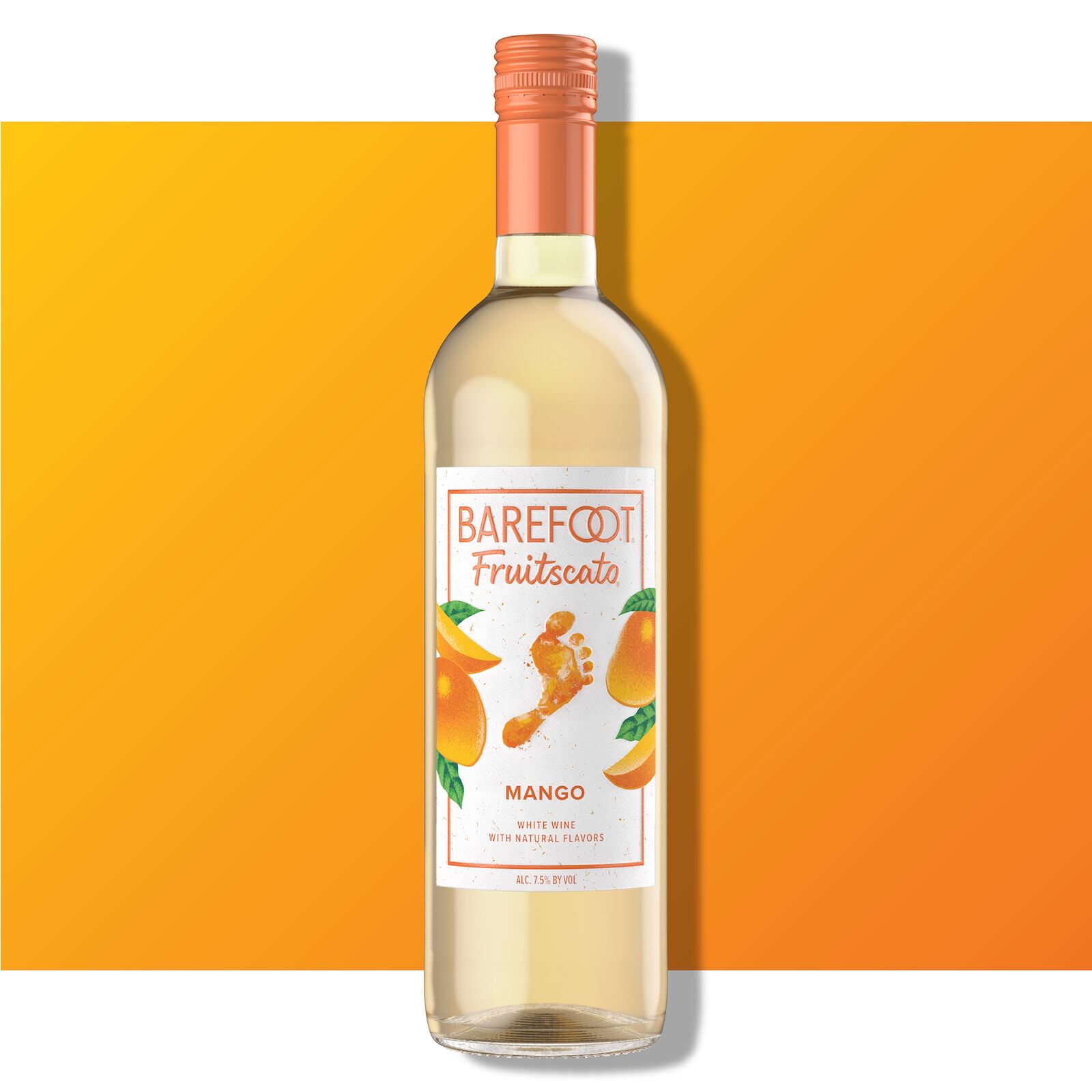 Barefoot Fruitscato Mango bottle against a bright orange background with mango imagery on the label.