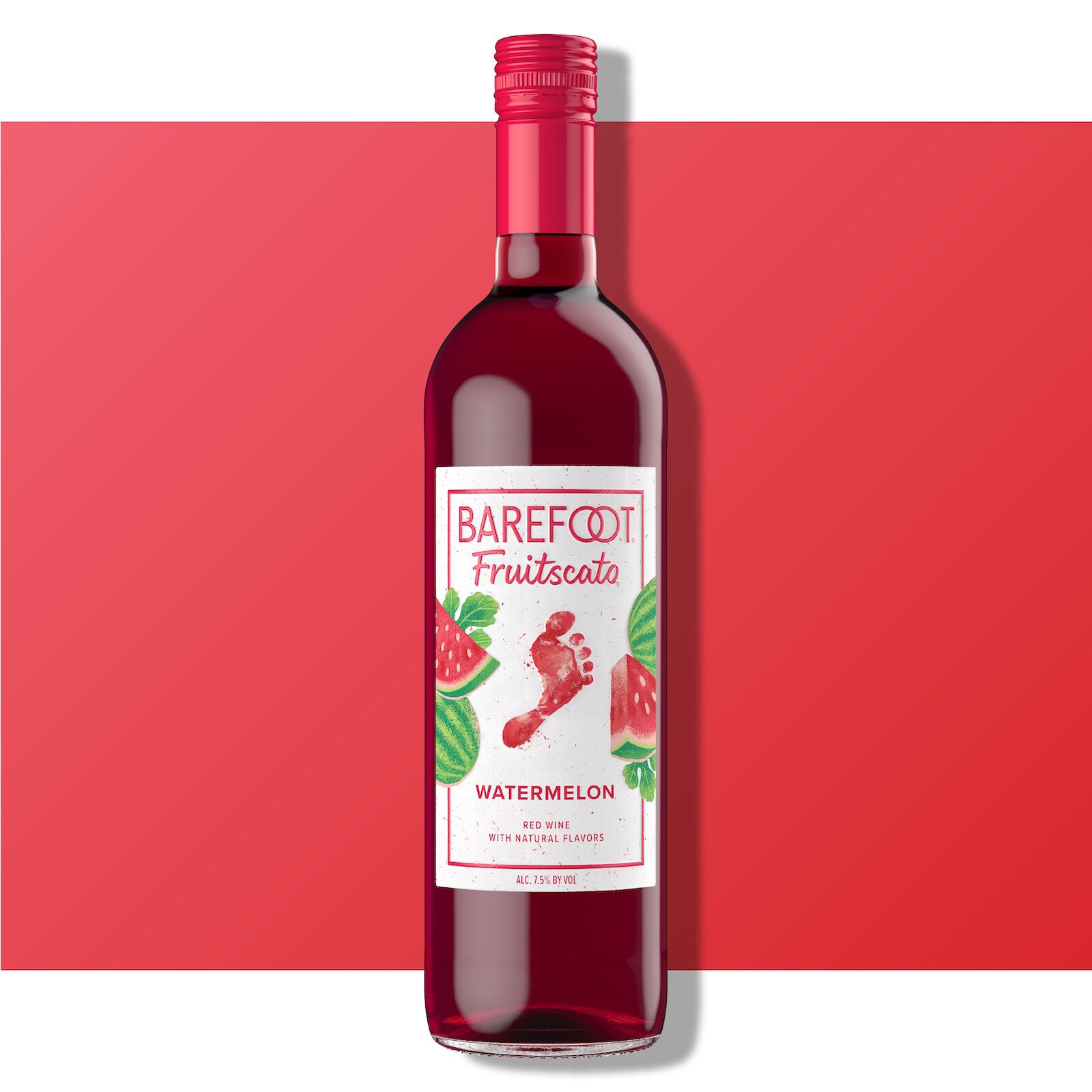 Barefoot Fruitscato Watermelon bottle against a bright red background with watermelon imagery on the label
