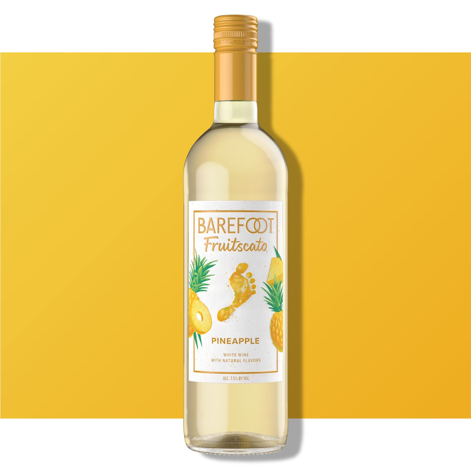 Barefoot Fruitscato Pineapple bottle against a bright yellow background with pineapple imagery on the label