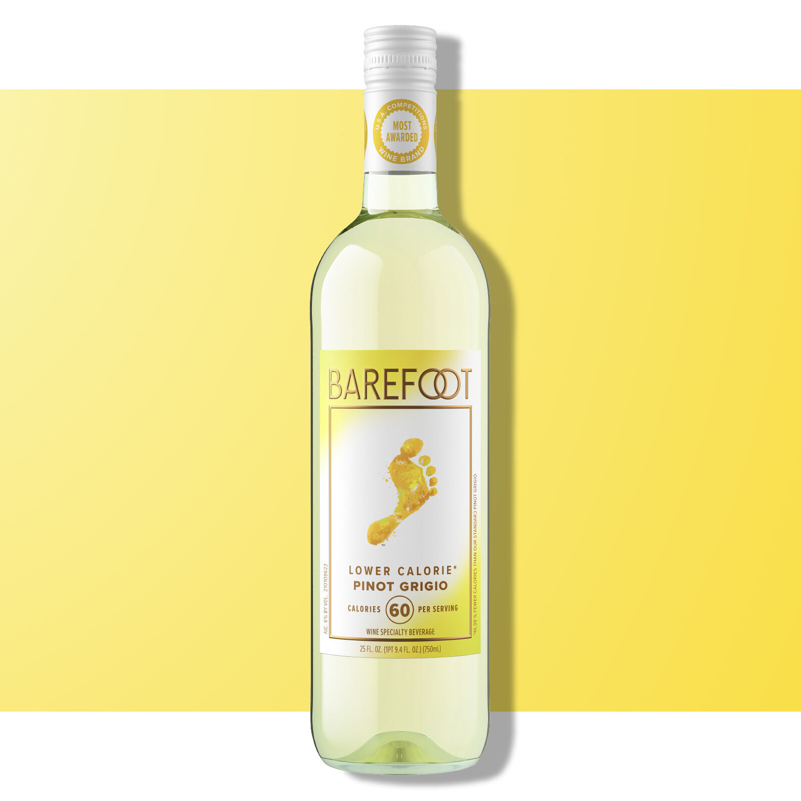 Barefoot Lower Calorie Pinot Grigio wine bottle on a yellow background